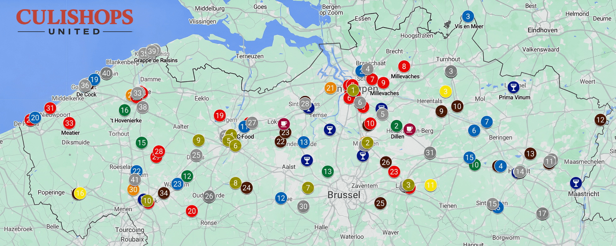 Kaart met culishop-locaties in Vlaanderen